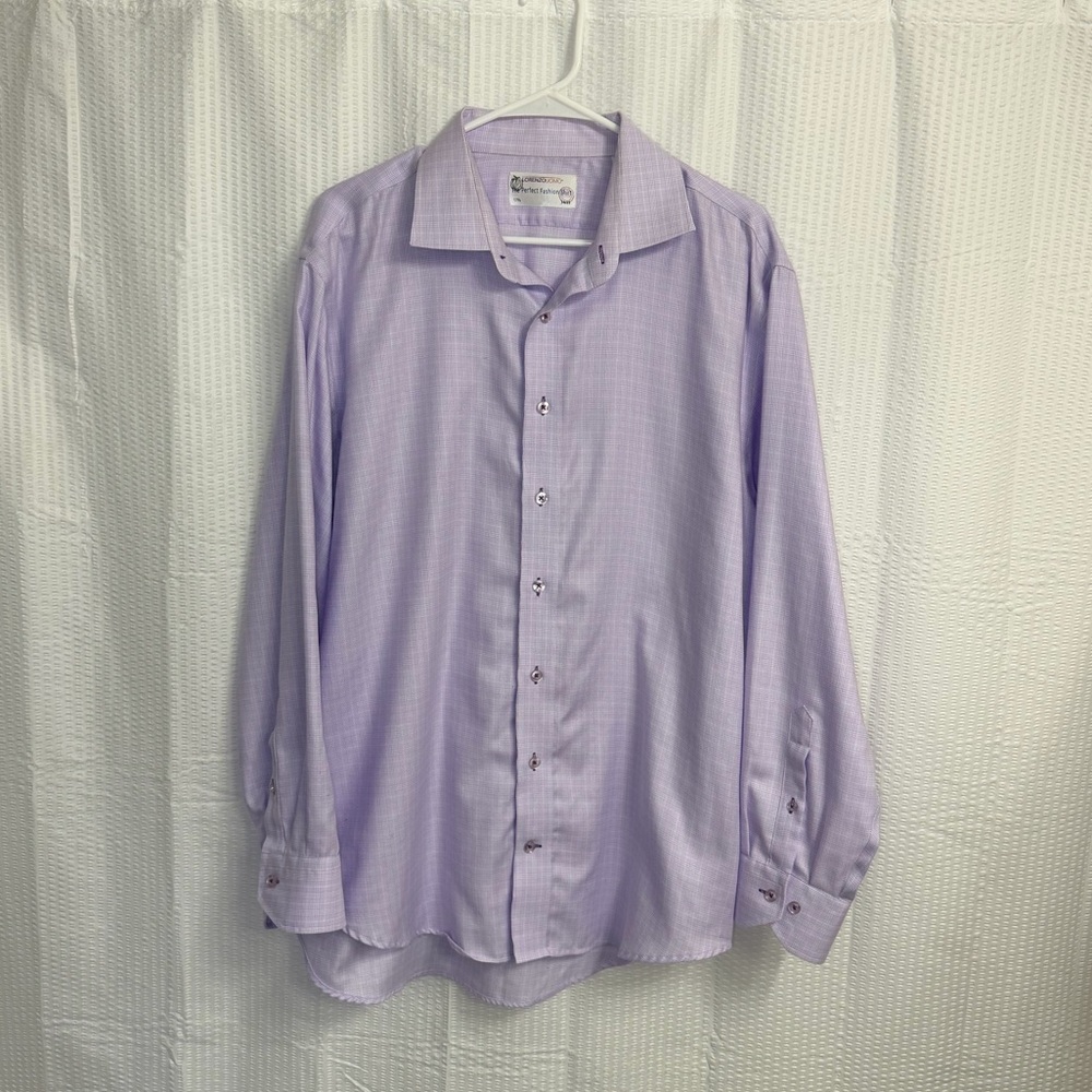Lorenzo Uomo The Perfect Fashion Shirt Purple Plaid Dress Shirt Size 17.5 34/35